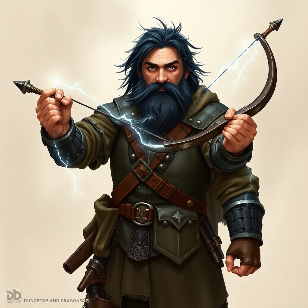 A fifth-edition dungeons and dragons character who is a middle-aged dwarf ranger. He has a wide build, black hair, gray eyes, weilds a magical bow that creates lightning, and wears a mithril breastplate.
