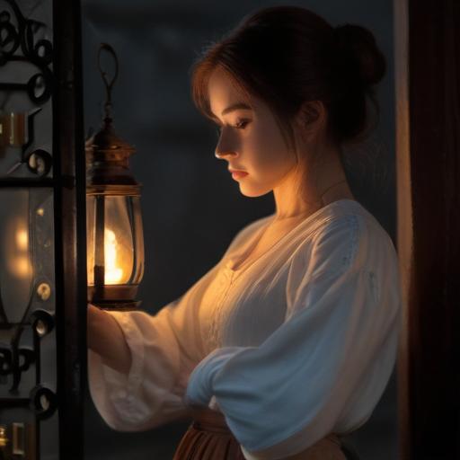 a woman holding a lantern **by the metal handle only**, not touching the glass, holding carefully, lantern with a curved iron handle, glowing softly