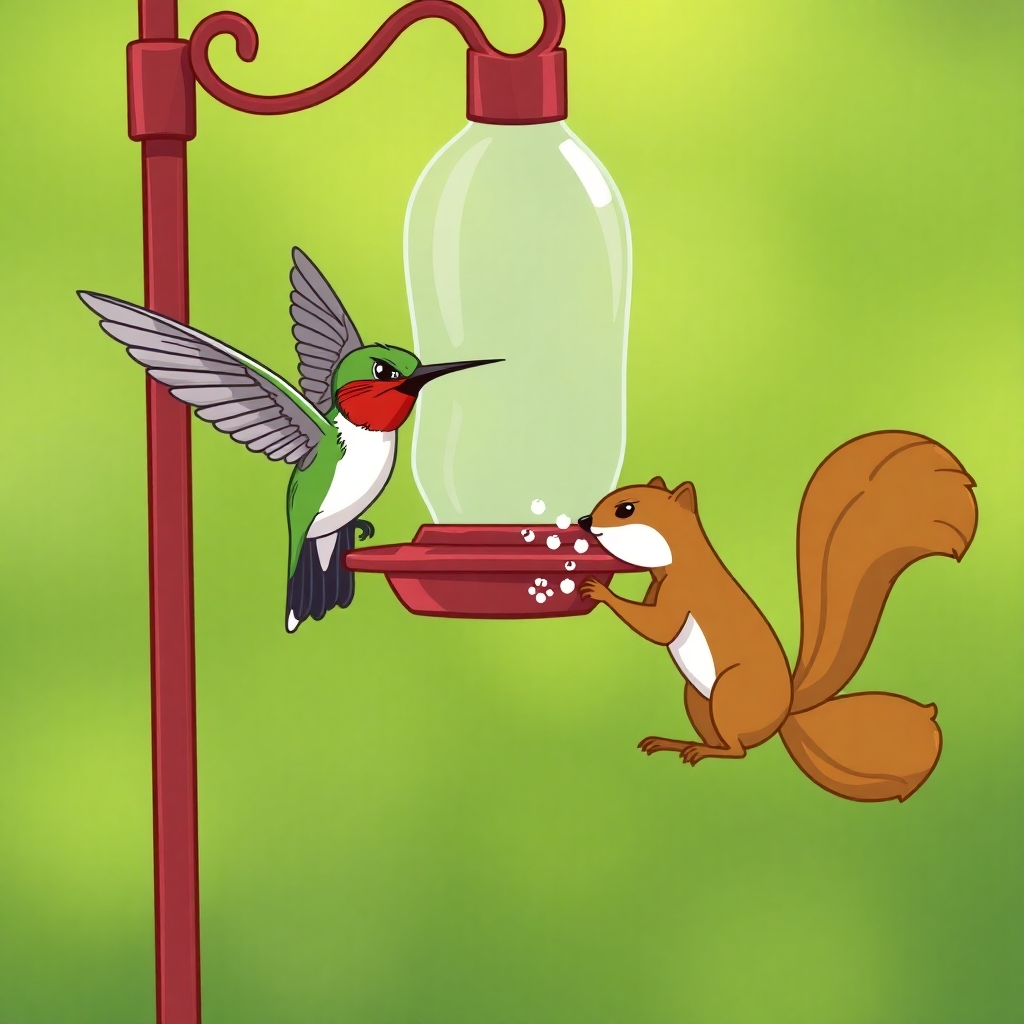 Please create a cartoon drawing of an angry hummingbird chasing away a squirrel who is drinking from a hummingbird feeder