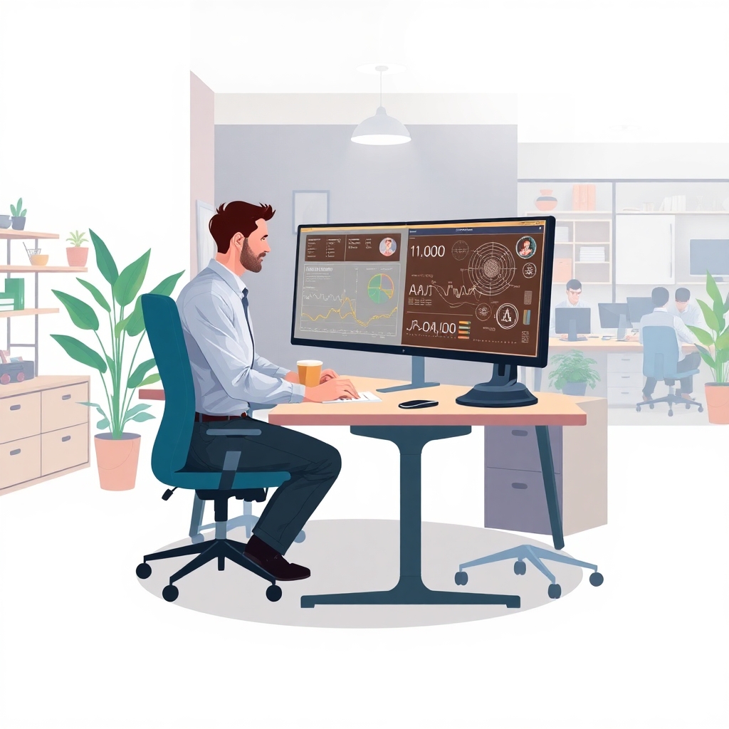 modern flat vector illustration, editorial illustration style, full scene composition inside a contemporary collaborative workspace with visible walls and floor, smooth shapes, soft gradients, slight depth, clean editorial design; CRITICAL: full scene composition with a complete environment. The background must be part of the scene with clearly visible environment elements such as walls and floor or natural surroundings. The image must be fully filled edge-to-edge. Absolutely no white background anywhere in the image. No blank or empty areas. No isolated objects. No floating composition. No transparent background. The background is not a studio backdrop, it is a real environment. A modern office environment where a human professional and an advanced machine interface work side by side at a shared desk; the human focuses on contextual decision‑making while the machine displays pattern recognition outputs on a large screen; subtle visual metaphors of synergy such as interconnected lines, flowing data streams, and complementary tools; shelves, plants, wall décor, soft lighting, and additional workers in the background to emphasize a real, active environment; the scene communicates cooperation, augmentation, and balanced responsibility; rich color palette with deep blues, warm neutrals, muted greens, and bright accent tones for clarity; detailed, harmonious, fully immersive environment illustrating how human judgment and machine scalability combine to produce better, safer, faster outcomes.
