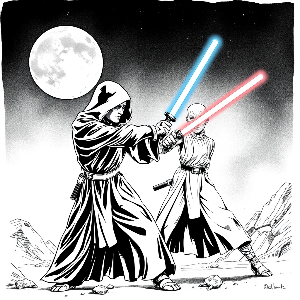a sith and a jedi fighting