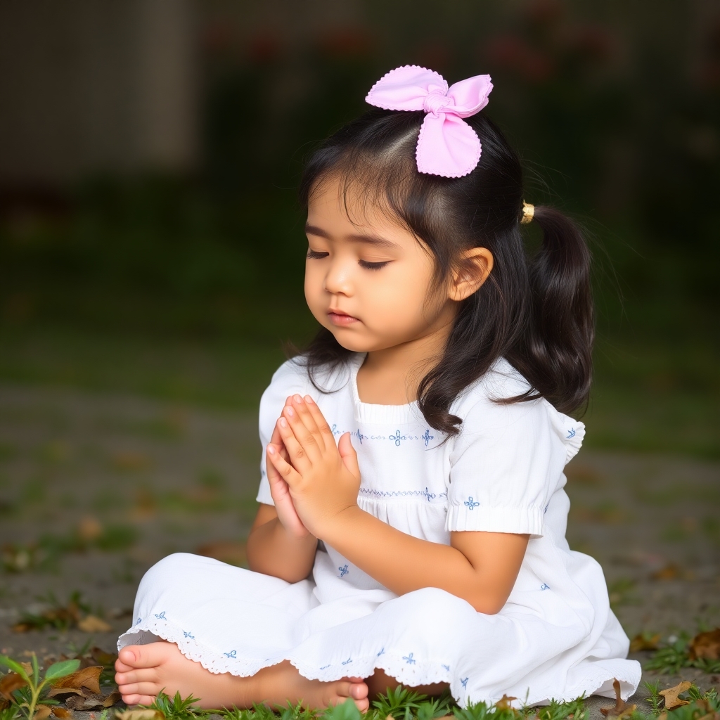 A girl sitting on the ground with folded hands and praying