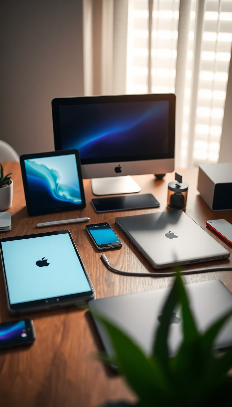 a table full with apple Devices including an iPhone, iPad, Mac and others