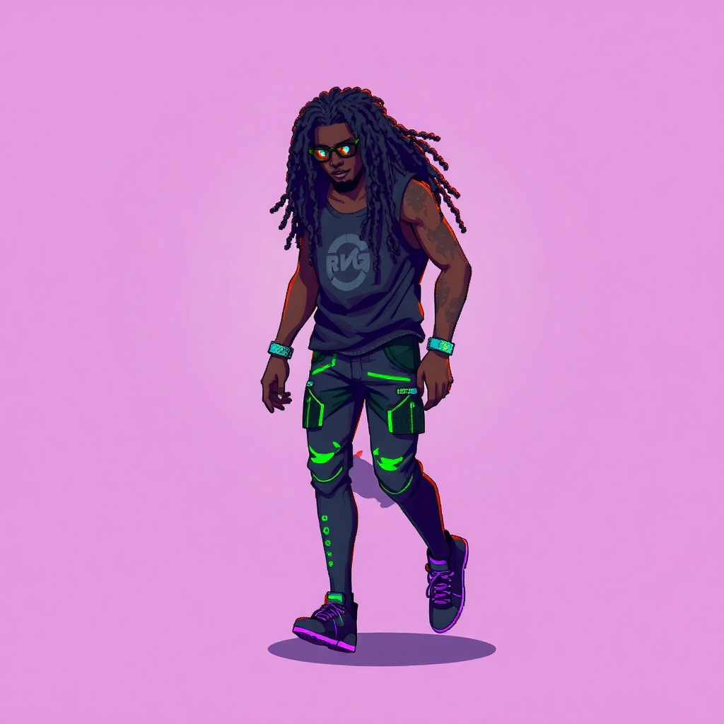 Generate a 16 bit spritesheet of a 2d cyberpunk male with dreadlocks. TIleset should include a walking, running, jumping, and standing animation.