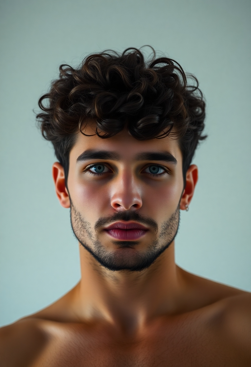Sexy man with curly hair and short beard. He is in his twenties. he has thick lips. He is toned but not overly muscular.