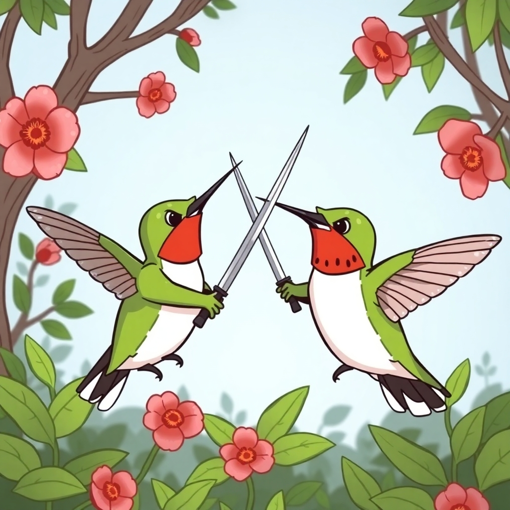 Please create a cartoon drawing of two angry hummingbirds sword fighting with their beaks trying to take over another hummingbird's garden for a children's book.