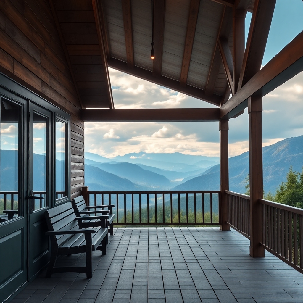 Porch overlooking realistic mountain scenery