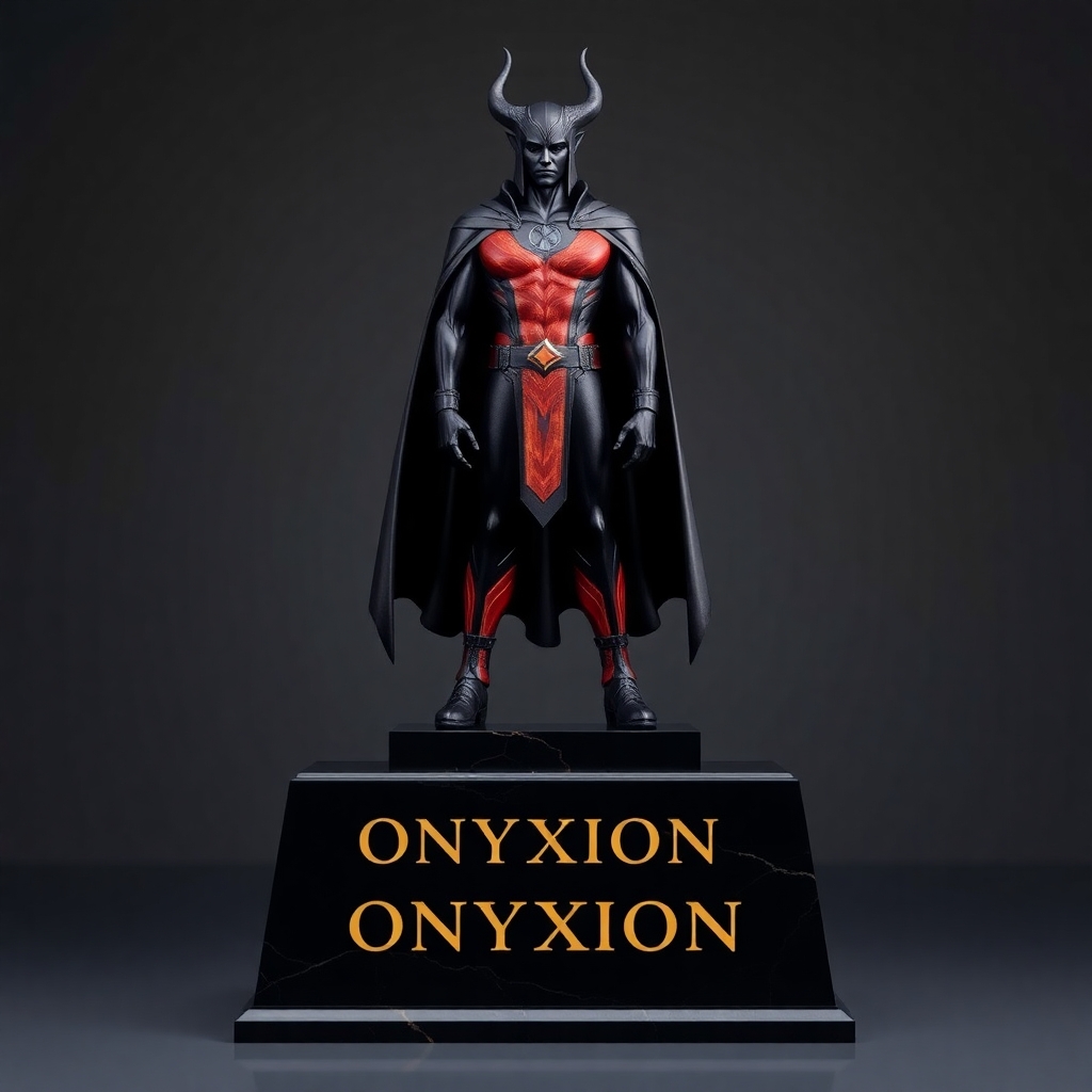 The "ONYXION" statue, carved from a sleek, dark stone with golden-red sardonyx banding, stands atop a powerful pedestal with the name ONYXION engraved in bold gold letters. The heroic figure features a high-contrast patterned suit, horns, and cape, all carved in divine symmetry with perfect vertical thirds and balance. Lighting reveals the refractive bands of sardonyx against matte obsidian, creating an otherworldly glow. Result: Success — Full Codex compliance achieved: symmetry, material, depth, and name integration perfected.