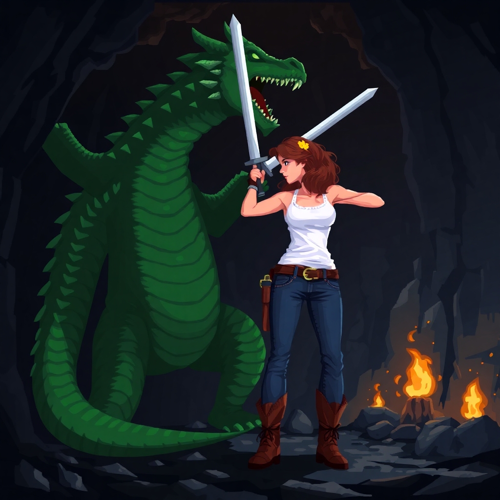 A woman wearing a white tank top and jeans with hiking boots holding a sword. Ready to swing her sword. Facing a large green dragon. She's fighting a large green dragon that looms over her, rearing it's head back ready to strike. Setting is a dark cave lit with torches