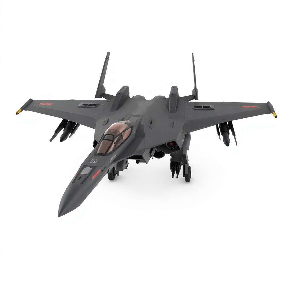 Chinese, Chengdu J-20 style, laterally symmetrical, Macross Valkyrie, Gerwalk Mode, with arms & GU-11 Gun Pod,on a white background