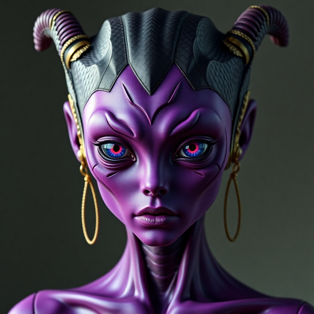 Create an incredibly sexy purple alien science fiction space girl with 8 eyes