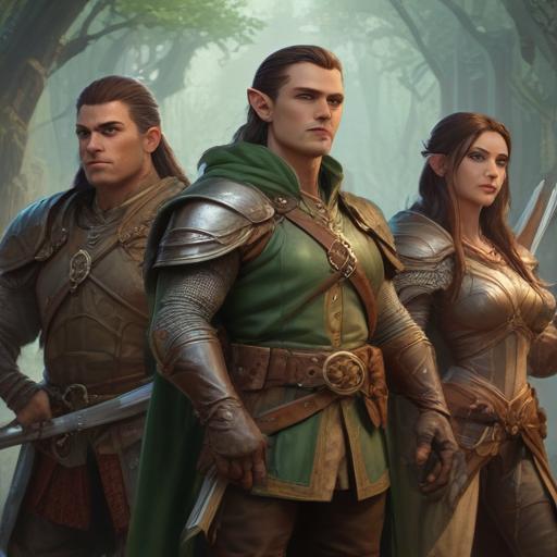 A five-member dungeons and dragons adventuring party consisting of: An male elven rogue/bard, a female half-elf cleric/warlock, a female half-elf sorceror/warlock, a male dwarven ranger, and a male goliath barbarian/paladin.