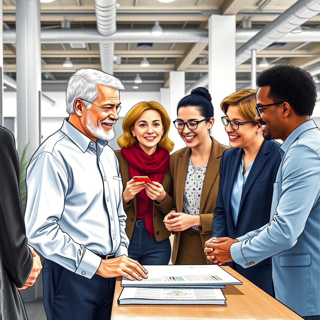 A drawing of a multigenerational and multiracial group of adult professionals collaborating with each other at a business in an large office setting for a book cover