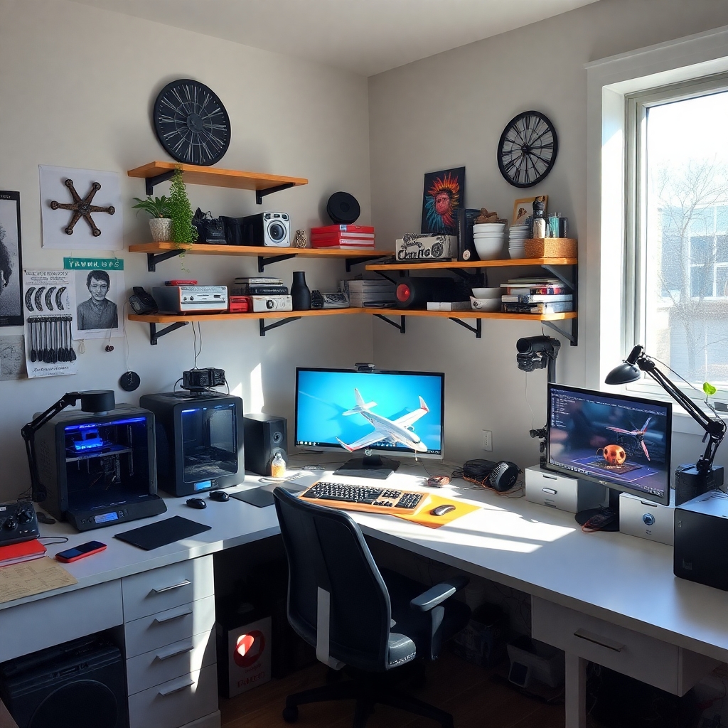 Create the ultimate RC hobby and 3D printing workbench/desk area complete with all the relevant things you would find in such a room. Natural sunlight and maybe a model airplane being printed on the printer.