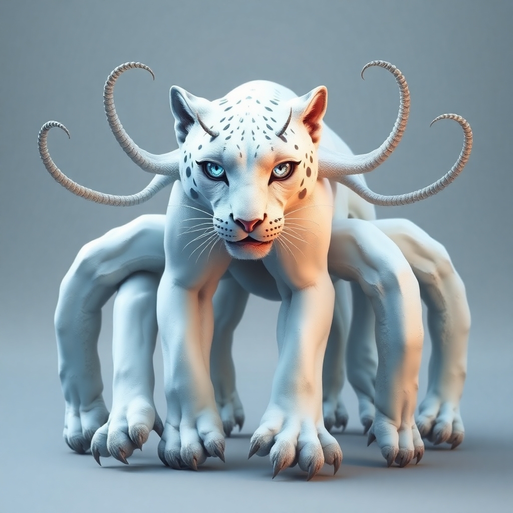 A six legged, giant all white panther with ice blue eyes and 4 barbed tentacles sprouting from its shoulders
