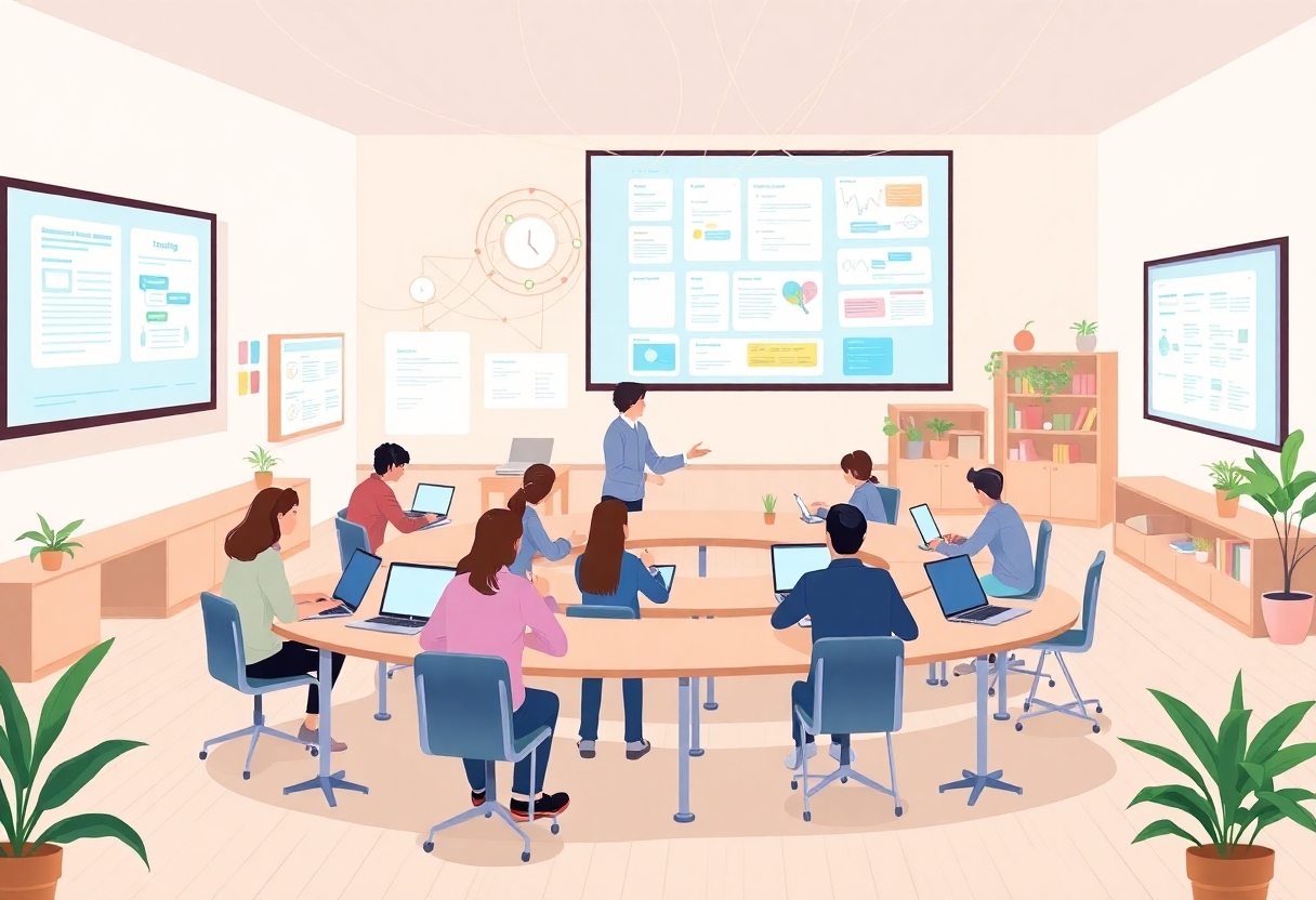 A detailed modern flat vector illustration in clean editorial illustration style showing a full scene inside a contemporary digital classroom environment where collaborative learning is actively taking place through technology. The setting is a spacious, well‑lit interior with visible walls, floor, desks, chairs, shelves, and large digital displays. Multiple students sit or stand around shared tables, each working on laptops or tablets, while a teacher facilitates the process from a central position. The environment must feel dynamic and interconnected, with screens showing shared documents, mind maps, task boards, and real‑time collaborative notes that symbolize how technology makes thinking and decision‑making visible.  Include subtle visual metaphors for teamwork and structured collaboration: overlapping digital windows representing shared ideas, softly glowing connection lines between devices, and color‑coded task elements on a large wall‑mounted display. Show students discussing, pointing at screens, and contributing to a shared workflow, emphasizing that collaboration is organized, transparent, and guided by clear processes rather than spontaneous chatter.  The room should feel warm and inclusive: soft‑colored walls, wooden or neutral flooring, plants, bookshelves, and ambient lighting. The scene must be fully filled edge‑to‑edge with a complete environment, showing a realistic interior space with depth and balance. The illustration should clearly communicate how digital tools support equitable, structured, and meaningful collaborative learning.  Style: modern flat vector illustration, smooth shapes, soft gradients, slight depth, clean editorial design. Color palette: warm neutrals, soft blues, muted greens, gentle oranges for highlights.  CRITICAL: full scene composition with a complete environment. The background must be part of the scene with clearly visible environment elements such as walls and floor or natural surroundings. The image must be fully filled edge-to-edge. Absolutely no white background anywhere in the image. No blank or empty areas. No isolated objects. No floating composition. No transparent background. The background is not a studio backdrop, it is a real environment.  No text, no watermark.