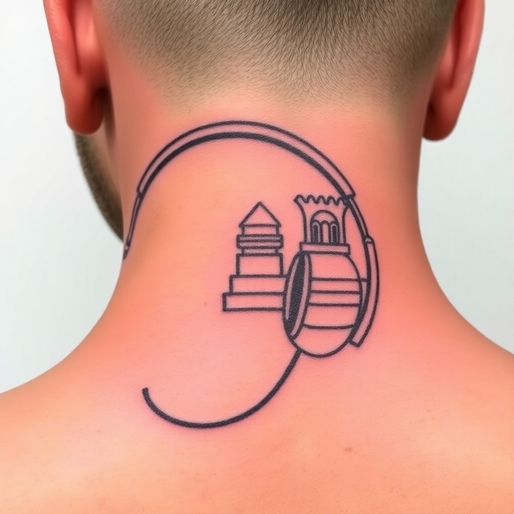 1. HEADPHONE TATTOO (NECK/UPPER BACK) 	•	Style: Mayan-stylized headphones — thick curved arcs mimicking audio coils, wrapped in stepped temple glyphs.