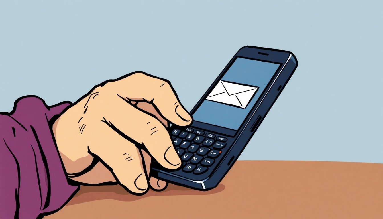 Shakespeare typing an email on an Blackberry