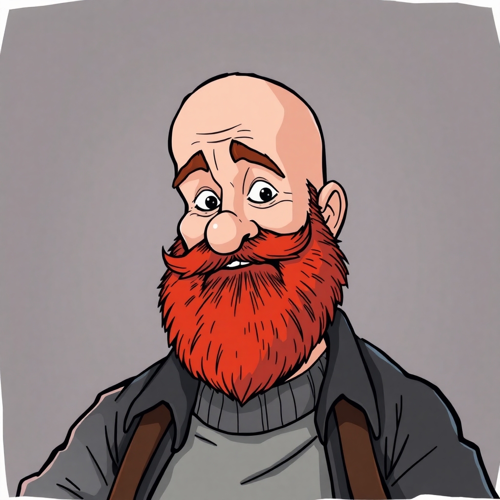 CARTOON OF A CHUBBY BALD MAN WITH A RED BEARD
