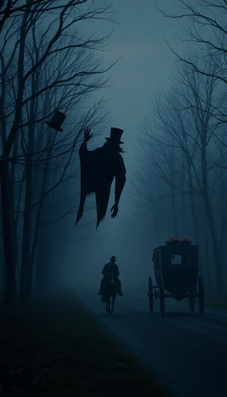 A dark ghost with a top hat on the edge of a wood at dusk scaring a horse drawn carriage