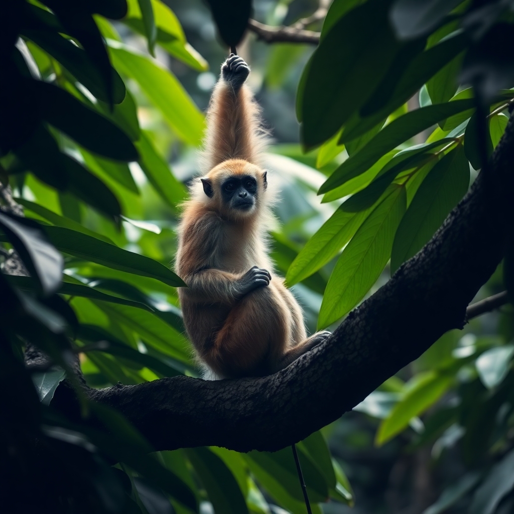 Gibbon monkey climbing a tree in an tropical rainforest with large leaves and dim lighting