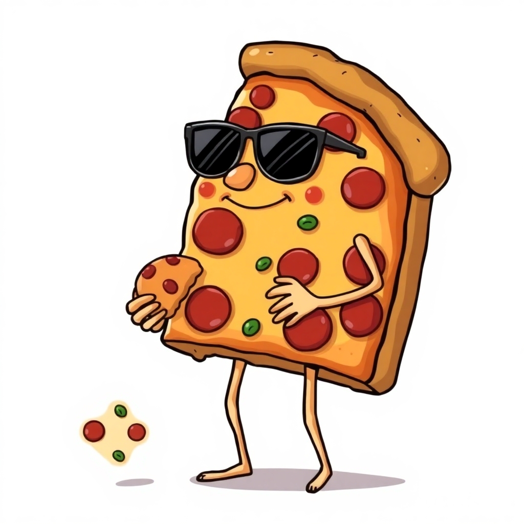 Draw a picture of a slice of pizza, with skinny arms and legs, wearing sunglasses, it has a nose and mouth. It's holding a tiny human like food and is about to eat it