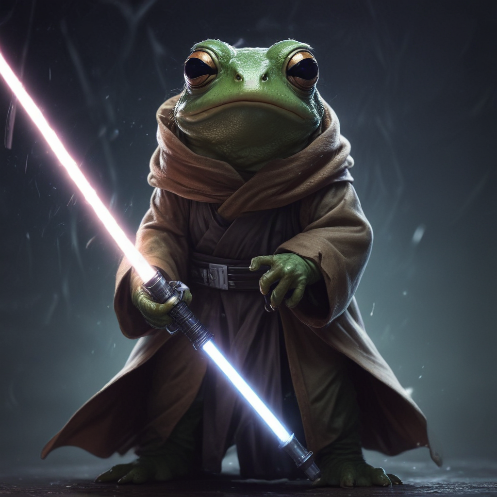 a jedi frog holding a light saber