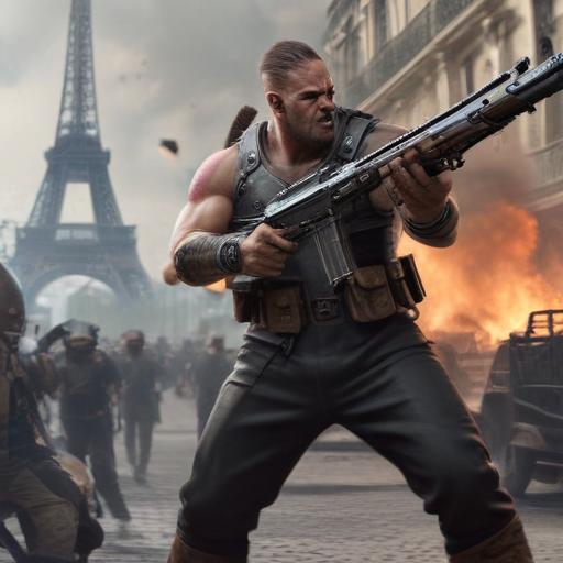 A human barbarian with a machine gun shooting Nazis in paris