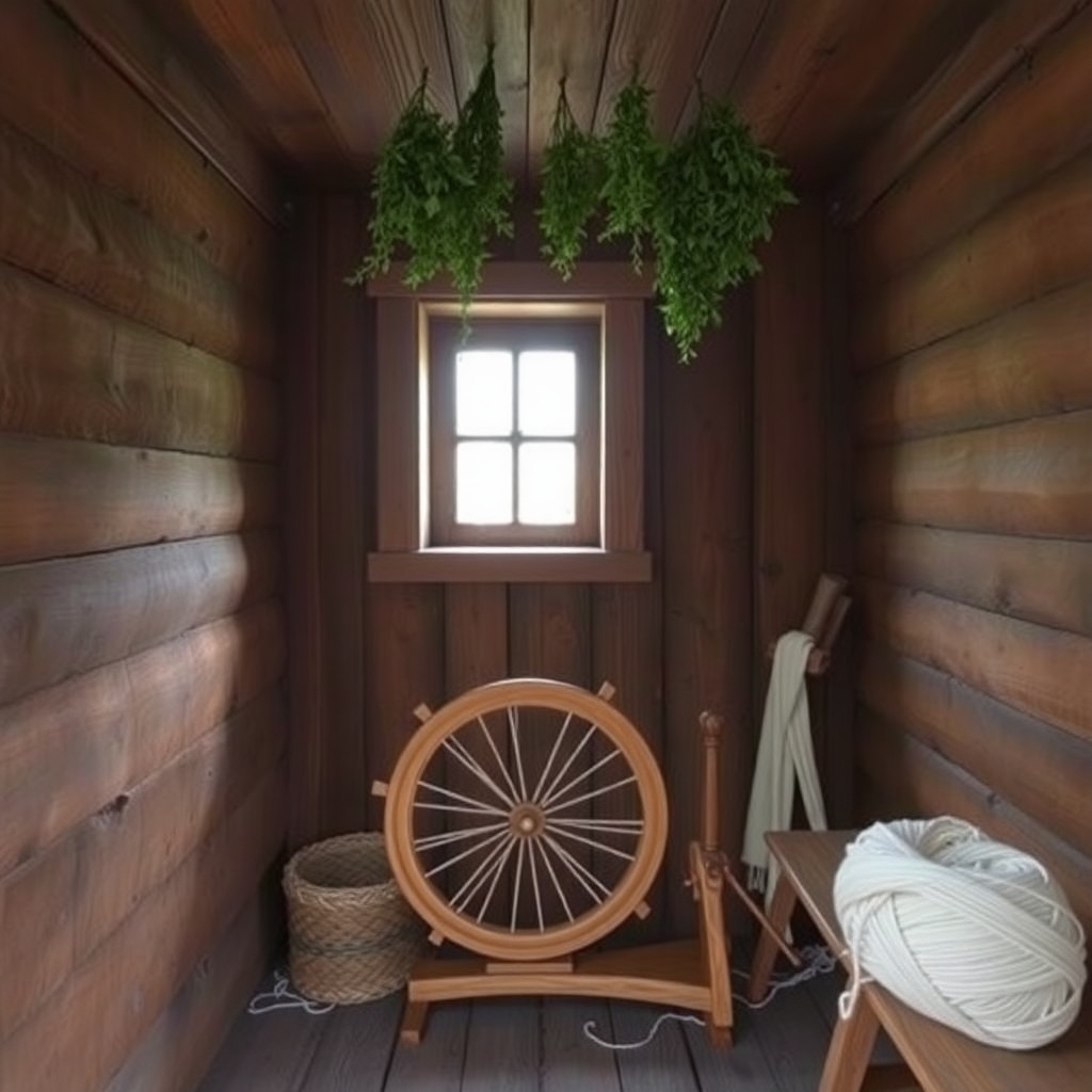 a Slavic wooden room with a small window and herbs hanging from the ceiling, in the corner there is a spinning wheel for yarn