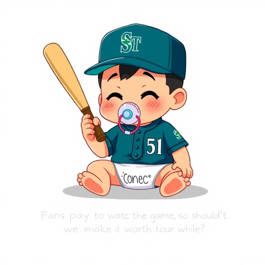 A cartoon-style character inspired by Ichiro Suzuki, wearing a Seattle Mariners with number 51, holding a baseball bat, and sucking on a pacifier. The character is sitting down, wearing a diaper with "ONEC" written on it. At the bottom of the image, include the text: "Fans pay to watch the game, so shouldn't we make it worth their while?"