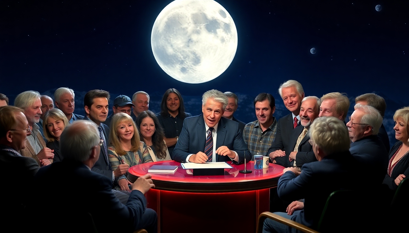 jon stewart doing his late night show on the moon surrounded by a bunch of famous people