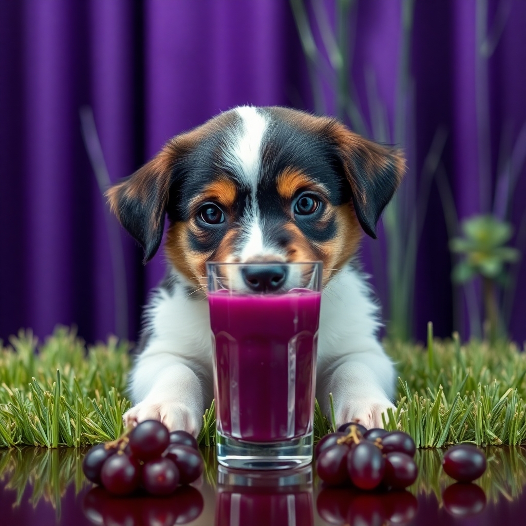 Puppy drinking grape juice, with the band Creed, purple, grass curtain, vagina, mirror