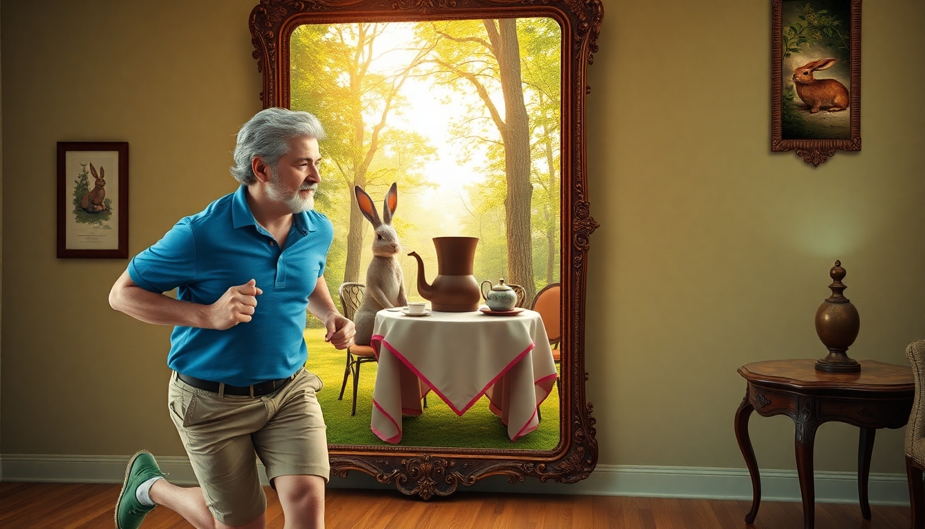 A man with salt-and-pepper hear and a thin beard is wearing a blue polo shirt and khaki shorts. He is chasing a steam-punk style robot rabbit. The man is running towards an ornate, vintage full-length mirror. The robotic rabbit is on the other side of the mirror, where the scene transforms into a whimsical forest clearing. In the clearing, there is a table set for tea with an oversized teapot and a large, extravagant top hat placed beside it. The atmosphere is vibrant, with dappled sunlight filtering through the trees, evoking a surreal, storybook feel. The mirror acts as a magical portal between the ordinary room and the fantastical tea party in the forest.