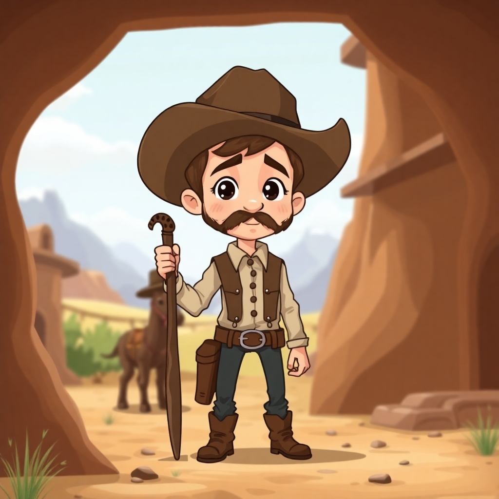Create a cartoon drawing of sheriff Wyatt Earp in Dodge city in 1875yes at age 11 in a prehistoric setting. This is for a children's book so make him cute, innocent and likeable for the reader to look at. https://www.imagiyo.com/images/mxkaz6Y5aJ0P/view