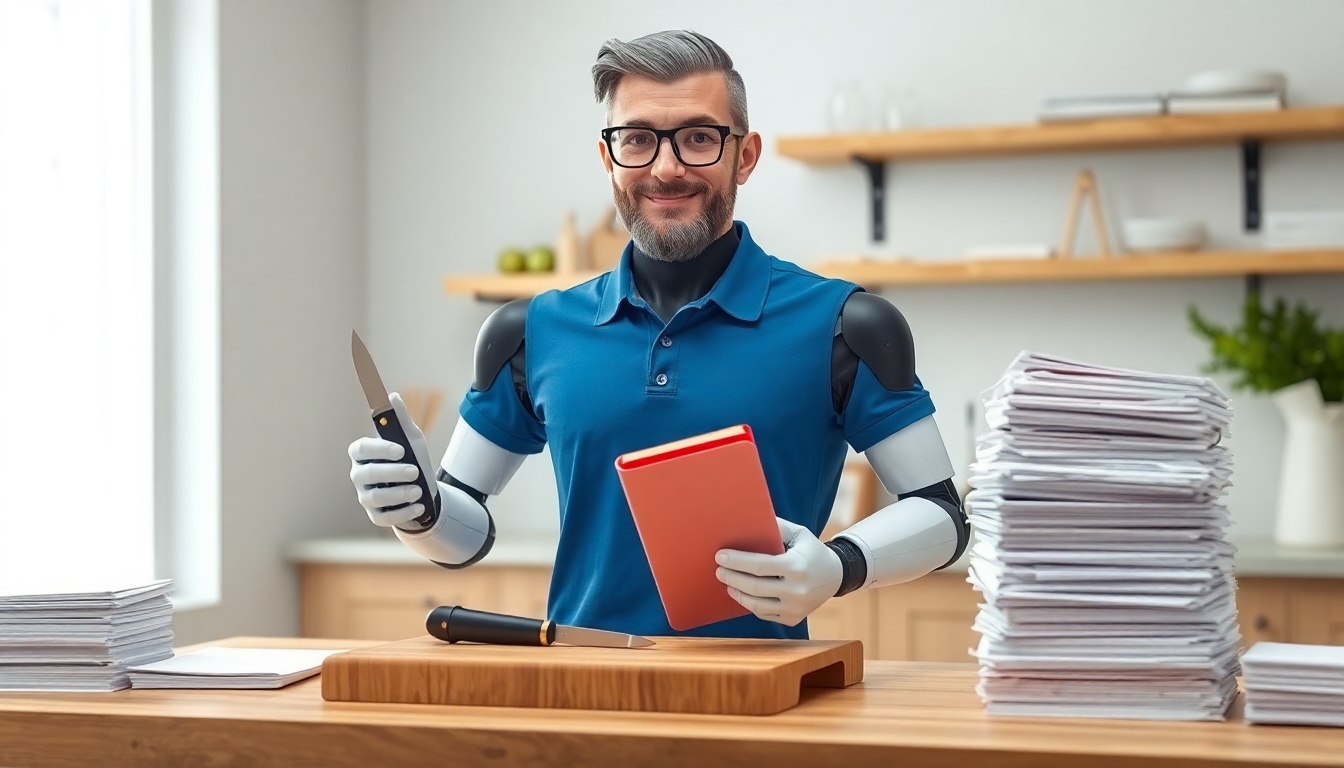 A robot with a thin beard that is partially grey, wearing eye glasses and a blue polo shirt is standing at a cooks chopping table facing forward. On his right are a pile of bound notebooks. On his left is a smaller pile of neatly stack paper. He is holding a Swiss Army knife in his left hand and a binder from the pile on his right in his right hand.