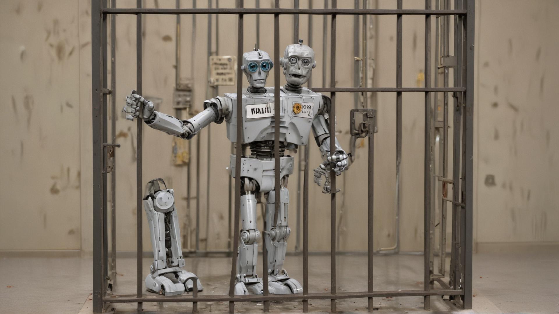 A humaniform robot is standing in a jail cell like the one from the Andy Griffith show. The robot is trying to reach through the bars to a key that is hanging on the wall that is couple of feet out of its reach. The image should have a slightly humorous vibe. The viewpoint is like that of a television scene where the set, character, and props are easily seen and recognized.