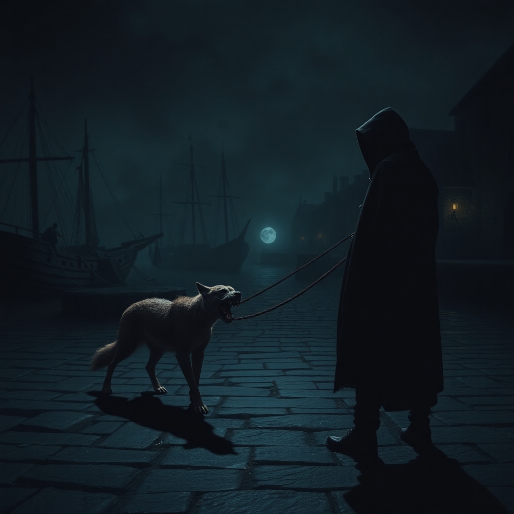 A shadowy, deserted quayside in a medieval fantasy port at night. In the middle distance, partially in shadow, is a snarling hyena pulling on a leash. The leash is held by a mysterious man whose face is hidden wearing a dark hooded cloak.