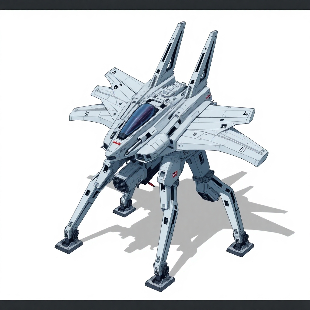 Chinese, Chengdu J-20 style, anime, laterally symmetrical, Macross Valkyrie, Gerwalk Mode, with arms & GU-11 Gun Pod,on a white background. No Multiple cockpits, no deformed legs