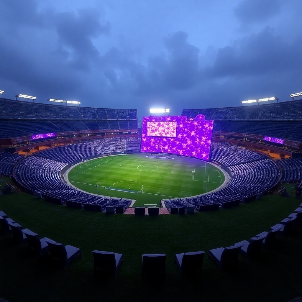 Large purple crystal shimmering lodged into the ground with stadium seating in half circle around it