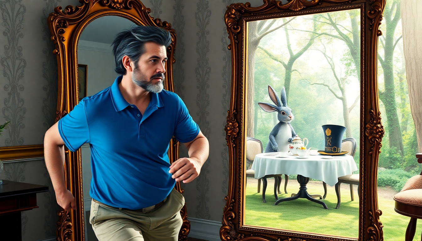 Start with a scenario of Alice through the Looking Glass where Alice is chasing the rabbit through the mirror to the Mad Hatter’s tea party. Except instead of Alice it is a man with black hair that is going grey. He has a thin beard and is wearing a blue polo shirt and khaki shorts. He is clearly running towards an ornate, vintage full-length mirror, his present course will lead him to run into the mirror. The mirror is at an angle so the viewer can see the man inside the room approaching from the left. The mirror is clearly a magical portal to Wonderland. The man is chasing a steam-punk style robot rabbit with visible gears and metallic features, which is already on the other side of the mirror. Through the mirror, the scene transforms into a whimsical forest clearing with dappled sunlight. In the clearing, a table is set for tea, featuring an oversized teapot and a large, extravagant top hat beside it. The overall atmosphere is vibrant, surreal, and storybook-like, emphasizing the contrast between the ordinary room and the fantastical tea party in the forest.