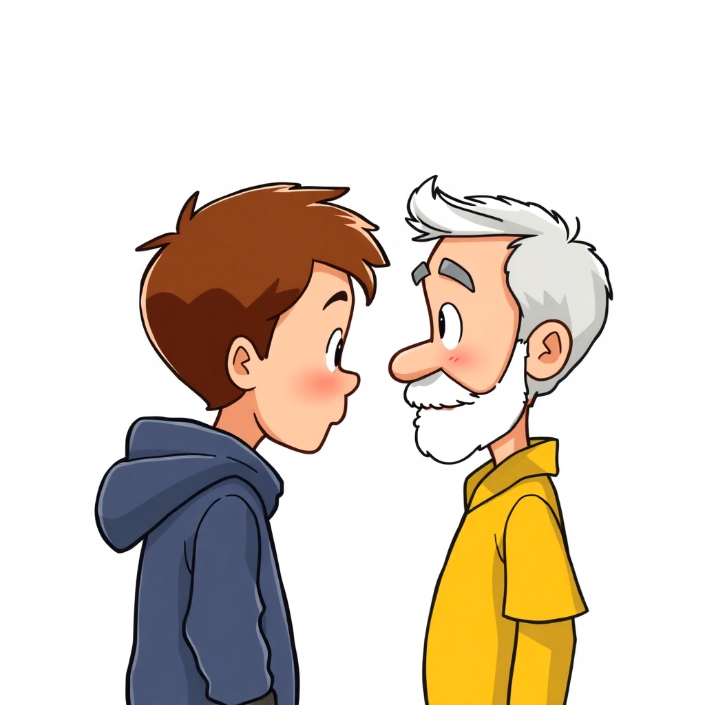 a cartoon drawn little boy with brown hair and his grandfather with short gray hair and no beard from the side view looking at each other. https://www.imagiyo.com/images/mxkaz6Y5aJ0P/view