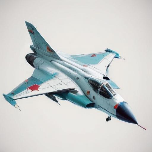 one, MIG 21 style, cold-war, sleek, single tail, delta-wing, Robotech, Soviet, Sci-Fi, Space jet fighter, on a white background