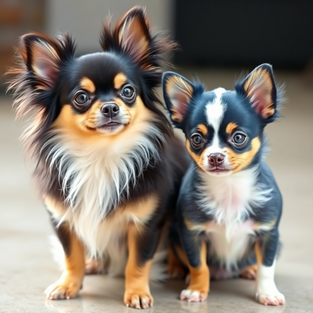 Two cute chihuahuas. Female is long haired. Black tan and white tri colour. And the male is short haired blue tri coloured.