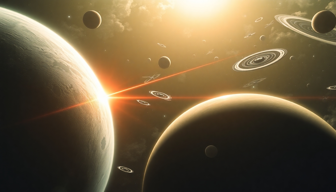 I want to see an epic space battle over several planets and several moons at least one of which has rings around the planet I want one side to be clearly winning and some sort of quasar explosion happening within the scene the first one you generated doesn’t seem to have any battle going on. We need a lot more lasers and a lot more explosions.