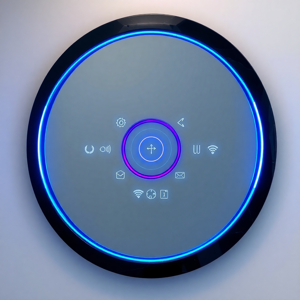 A tall oval mirror with a flawless reflective surface, framed in polished black onyx. A wide electric blue LED ring surrounds the mirror near its edge, with a thinner purple ring nested inside. Between the rings, glowing symbols and interface glyphs pulse gently. The background is softly lit, allowing the mirror and its embedded data to shine clearly.