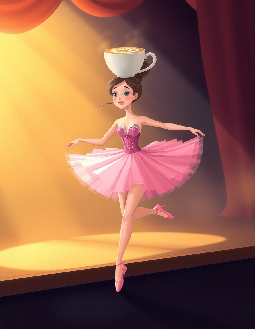 illustration of a beautifula ballerina dancing on stage wearing pink tutu and hear head is a cup of capuccino, animated with a feminine face