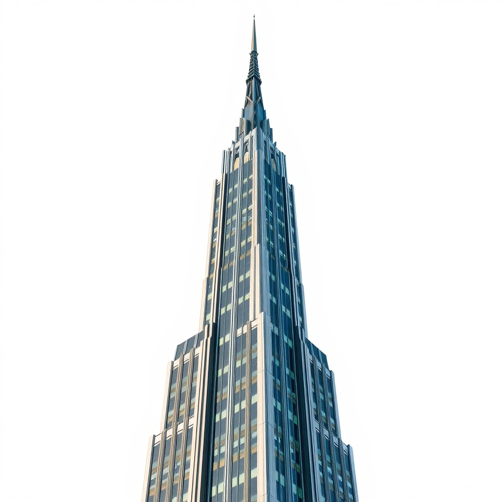 Generate a neo art deco skyscraper with metal accents and a spire