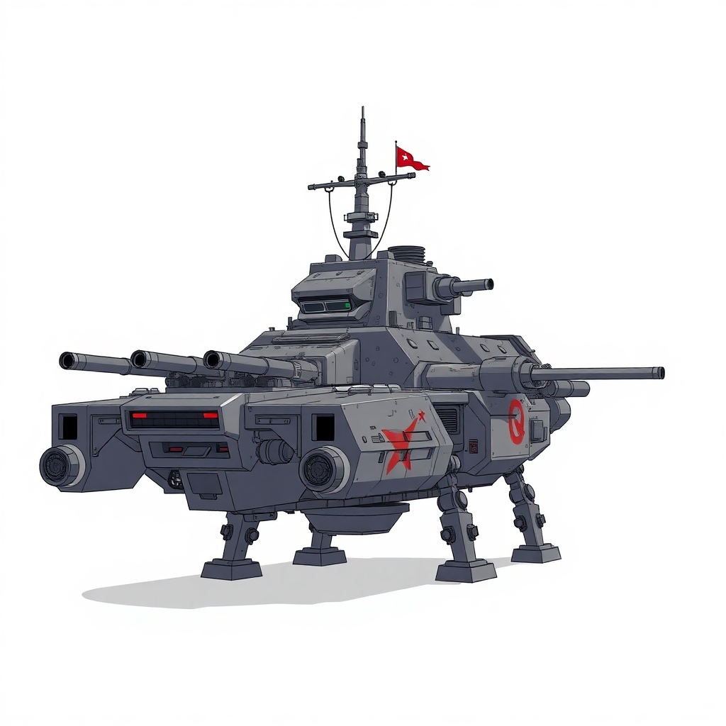 one, ARMD Platform style, Robotch, Soviet, Sci-Fi, Space aircraft carrier, battleship gun turrets, on a white background