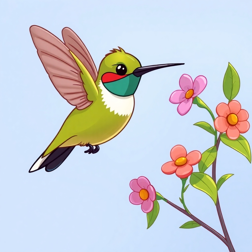 Please create a cartoon drawing  of a very strong looking hummingbird who is trying to take over another hummingbird's garden. for a children's book.