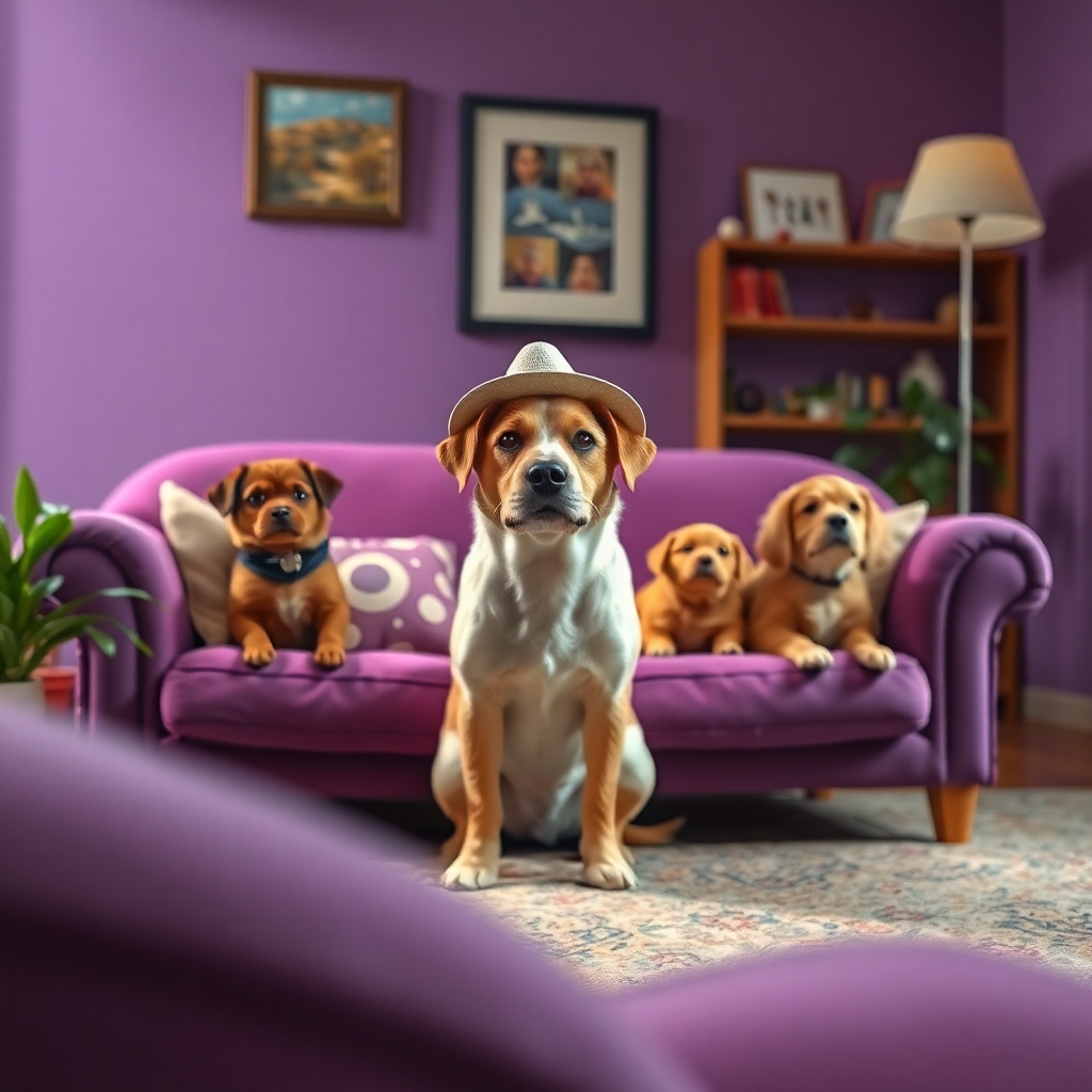 Studio Ghibli style, candid shot, famous randomly purple couch and randomly finished with randomly dogs, center point for a dog wearing a hat, Use camera is Canon EOS 5D Mark IV with a Canon EF 24mm f/1. 4L II USM lens, set at aperture f/2. 8 for a depth of field that highlights the furniture clean lines with rich and many detail, randomly color and finished, soft ambient light, studio light setting, ultra realistic, UHD, many details